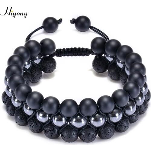 8MM Natural Lava Rock Stone Bracelet Three-layer Black Matte Onyx Beads Bracelets Oil Diffuser Bracelet Braided Rope Bangles