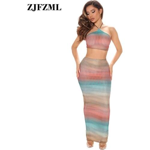 Gradient Striped Print Two Piece Dress Set Womens Clothing Off The Shoulder Backless Crop Top and Long Party Skirt Tracksuit
