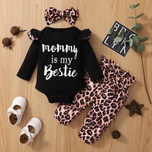 Newborn Infant Baby Girls Clothes Sets Fashion Girls Letter Print Leopard Print Romper Pants Headband 3PCS Outfit Girls Clothing