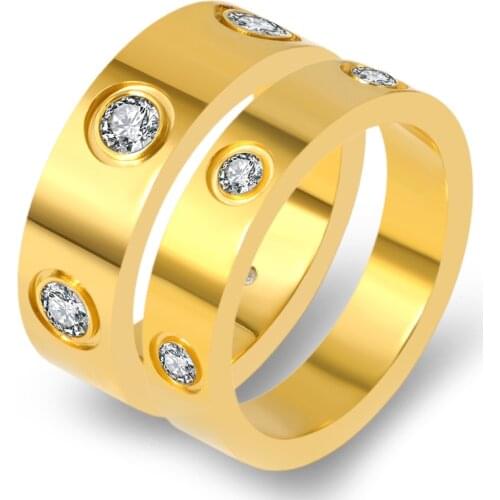 Fashion Cubic Zirconia Rings for Women Gold Color Stainless Steel Round Crystal Love Ring Men Charm Couple Jewelry
