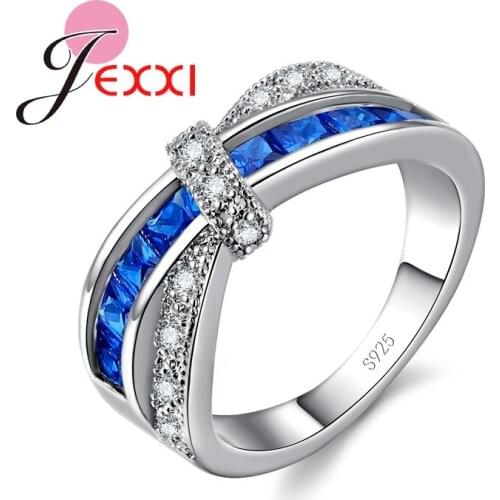 Charm Cross Design Women Girls Pretty Bow Design Promise Ring 925 Sterling Silver Fashion Jewelry With White + Blue Crysta