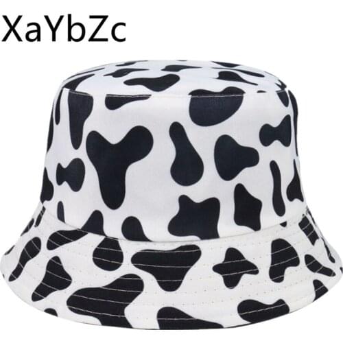 XaYbZc New Fashion Reversible Black White Cow Pattern Bucket Hats Fisherman Caps For Women Gorras Summer