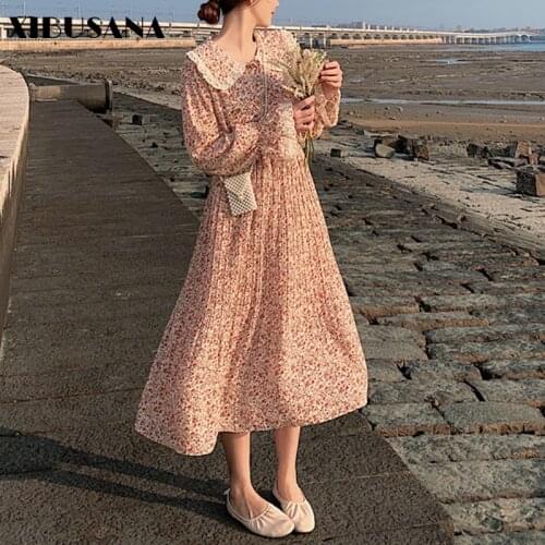 XIBUSANA Retro Floral Printed Dresses Women 2021 Spring Fashion Female Long Sleeve Peter Pan Collar Chiffon Dress A-line Vestido