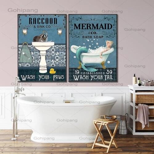 Mermaid & Bath Soap Poster Wash Your Paws Art Print Vintage Love Raccoon Artwork Funny Bathroom Canvas Painting Home Decor