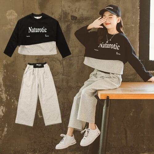 Teen Girls Long Sleeve Casual Suits 2021 New Spring Autumn ChildrenWide-leg Pants two-piece Clothing Set 8 10 12 years