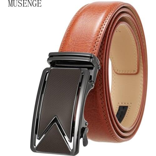 Mens Belt Brown Leather Ratchet Waist Strap Alloy Automatic Buckle Fashion Business Style Designer Belt Male Blue Waist Belt