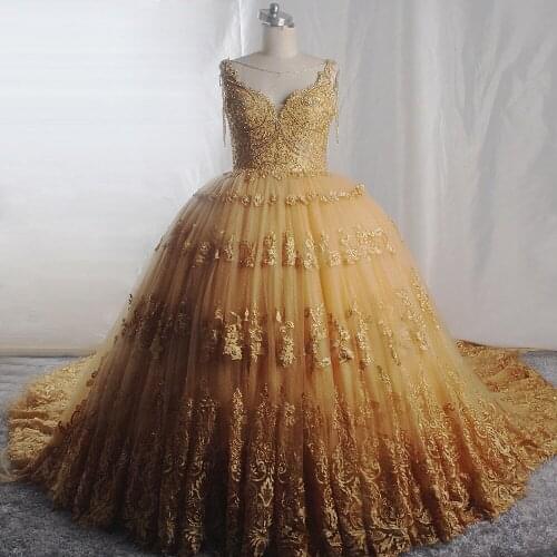 RSW1661 Real Pictures Luxury Lace Hand Crystal Beading 2020 Ball Gown Gold Wedding Dress