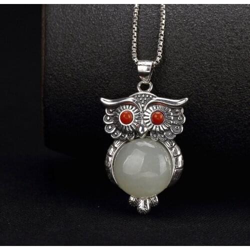 Silver S925 Pure Silver Natural Hetian Jade White Jade South Red Agate Inlaid Owl Female Clavicle Pendant Wholesale