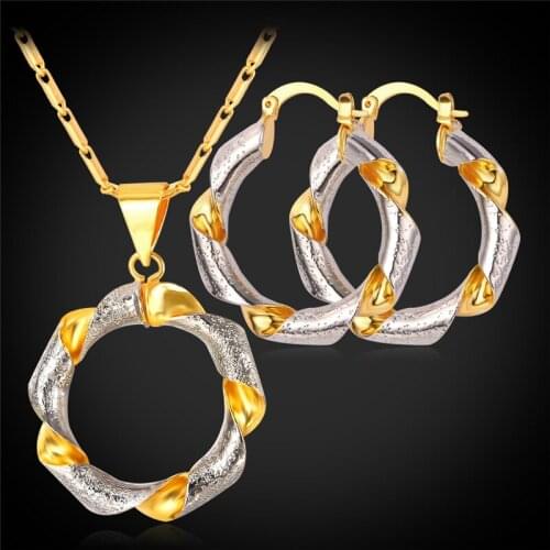 Hoop Earring Pendant Necklace Set Fashion Jewelry For Women Gold Color 2 Tone Jewelry Set Gift For Women PE988
