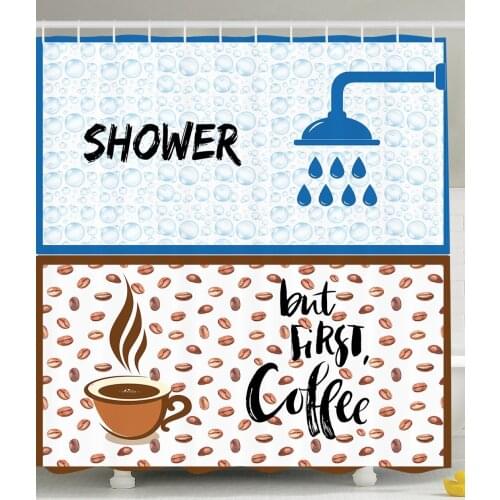 Funny Shower Curtain Coffee Decor Shower but Coffee First Morning Routine for Men and Women Bathroom Decorations Bath Curtains