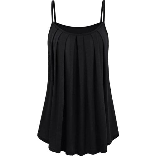 2019 Ladies Spaghetti Strap Lace Trim Chiffon Sling Blouses Casual Solid Color V-Neck Sleeveless Soft Stretch Pleated Shirts