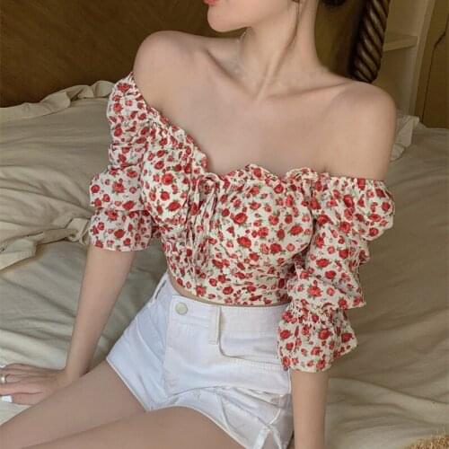 Women Blouses Chiffion Floral Blouse Shirt Lace Up Square Neck Chiffon Shirts Summer Short Sleeve Blouse Crop Tops