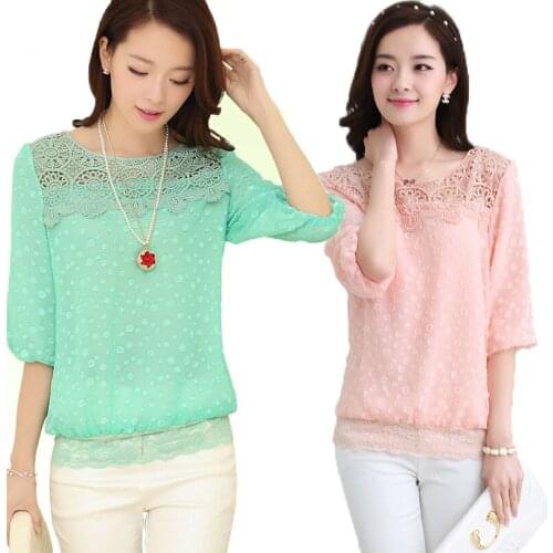 New 2015 Spring Lace Chiffon T shirt Korean Version Was Thin Big Yards Female Crochet Round Neck Chiffon Shirt Casual / Vestidos