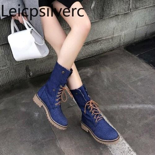 Womens Boots winter The New fashion Round head Lace-up Thick heel Low-heeled Short tube Womens shoes plus size 34-43