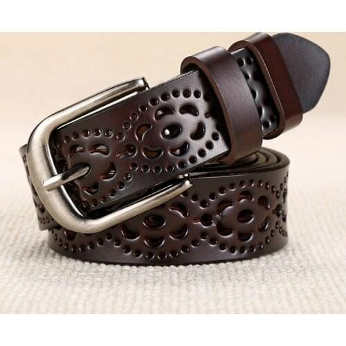 Womens leather belt, casual and all-around hollow belt, womens simple and fashionable needle buckle belt, pure cow leather