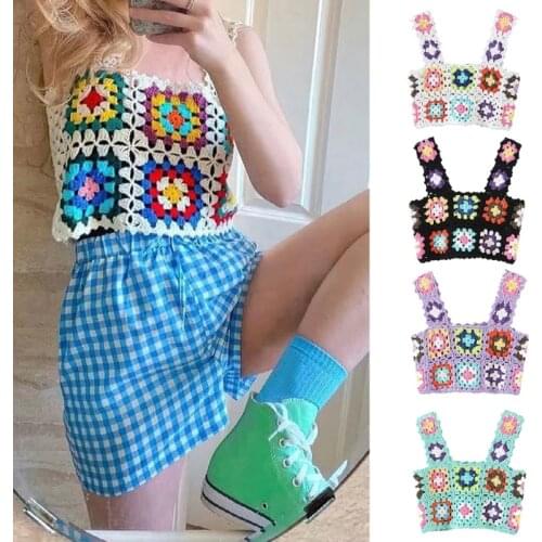 Women Summer Crochet Tank Top Multicolor Floral Plaid Knit Vest Sexy Square Neck Slim Beach Sleeveless Cropped Shirts