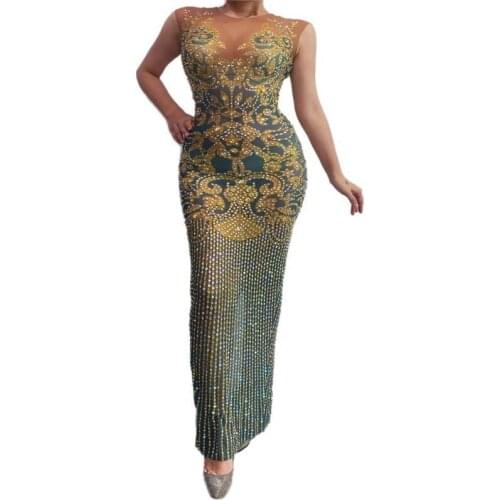 T96 Birthday celebrate evening long dress sexy stretch women rhinestones hip skirt crystal costume bar wear diamonds outfit club