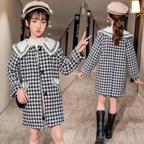 2020 Girls Houndstooth Plaid Woolen Coat Jacket Mid-length Autumn Winter Dress Plus Cotton Thickening Coat Pocket Outerwear