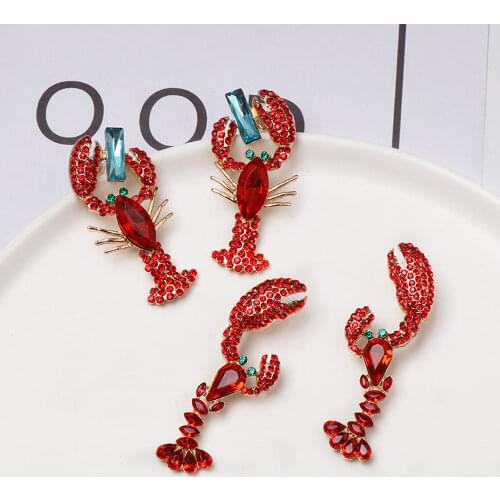 1 Pair Red Rhinestone Lobster Earrings Alloy Shiny Crayfish Dangler for Women Fashion Personality Drop Earrings