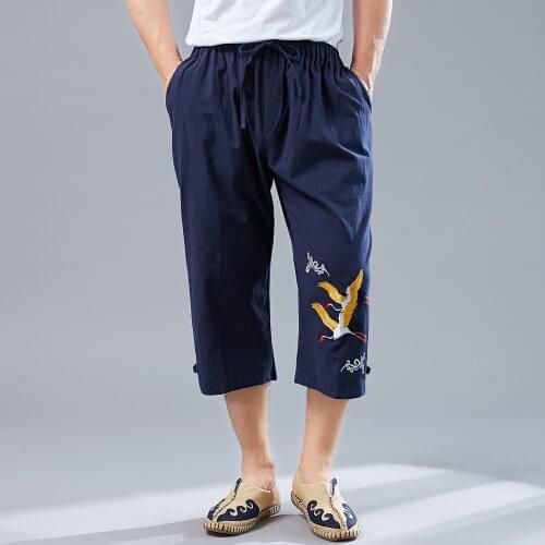 Summer Men Yoga Pants Linen Embroidery Retro Loose Sweatpants Male Running Jogger Fitness Gym Workout Casual Pants Sportswear