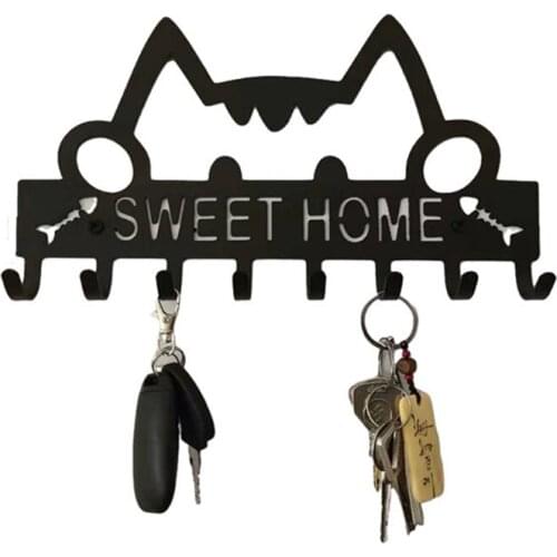 Key Holder for Wall Mount Cat Sweet Home Decorative 8 Hook Rack Metal Hanger Front Door Kitchen Bathroom Clothes Hat Organizer