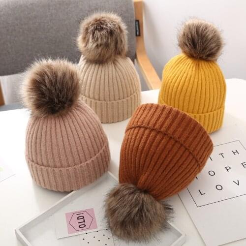 Cute Pompom Kids Hat Warm Autumn Winter Children Girl Boy Beanie Cap Knitted Solid Color Thick Bonnet Hat Kids Accessories