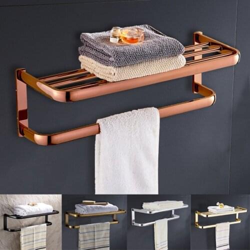 European Gold Copper Antique Bathroom Towel Rack Shelf Rose Gold Towel Holder Fixed Wall Mounted Bathroom Towel Bar Chrome Black