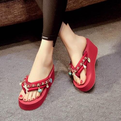 Summer Fashion Red Girls Slippers Flat High Heel Flip Flops Hanging Feet Cute Sweet Roman Woman Slippers Beach Vacation Shoes