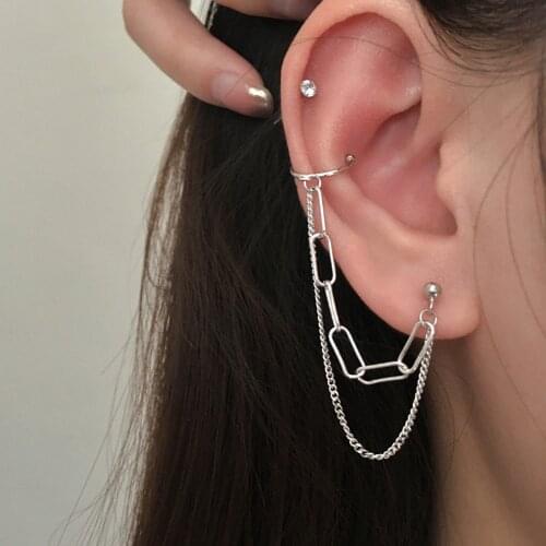 Lifefontier Punk Double Layer Chains Metal Clip Earrings for Women Korean Silver Color Ear Cuff Chain Cartilage Earrings Jewelry