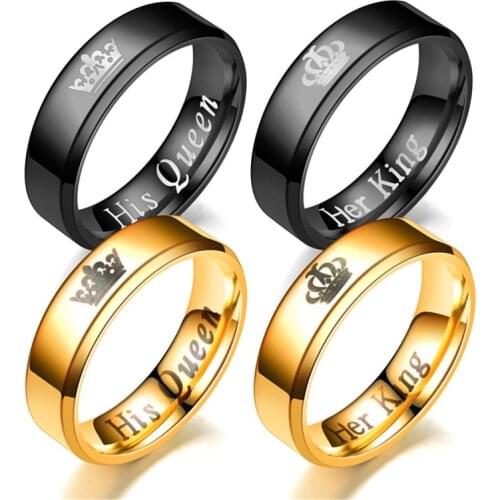 Fashion Her King And His Queen Crown Ring For Women Men Black/Gold Color Couple Wedding Ring Promise Jewelry
