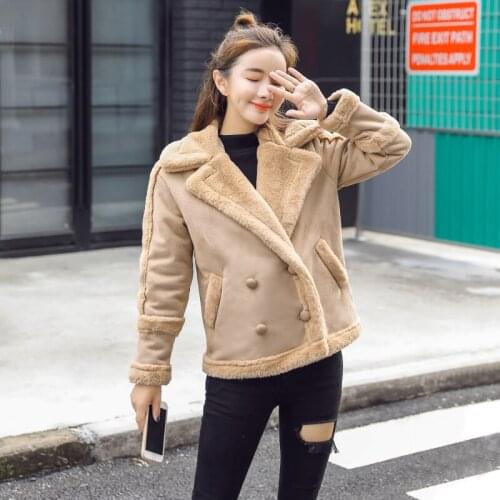 New 2018 fashion Female Thick Lambs Wool Warm Coat Winter Suede Leather Jacket Women Short Lamb Wool Motorcycle Jacket