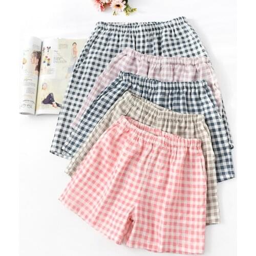 Summer New Japanese Plaid Couple Shorts Cotton Gauze Thin Pajama Pants Lounge Sleep Wear for Women Bottoms Night Home Pants