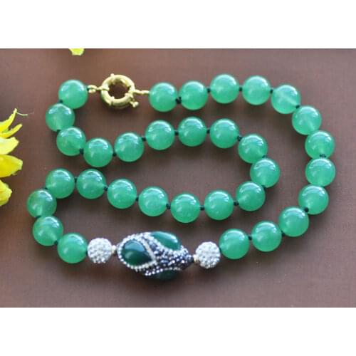 Z11025 20" 30mm Round Green Jade Shuttle CZ Bead Necklace