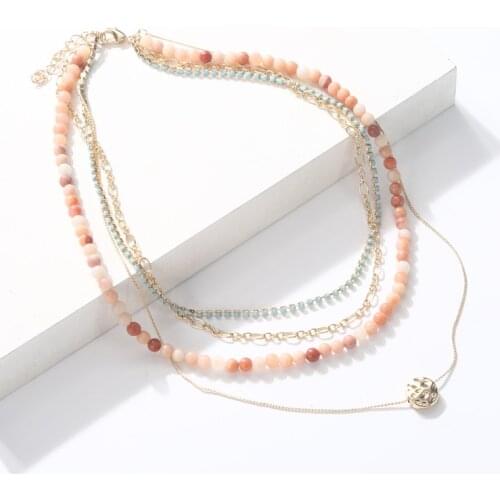 4 Layers Natural Stone Beaded Strand Necklace-Stacked Layering Metal Chain Link Necklaces for Women