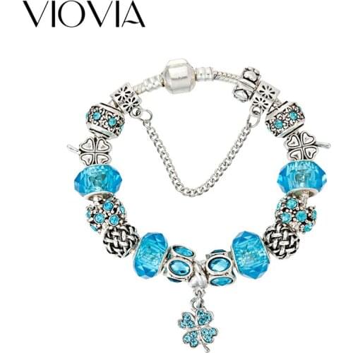VIOVIA Luxury Brand Women Bracelet Brand Women Bracelet Silver Color Blue Rhineston Crystal Charm Bracelet for Women DIY B17024