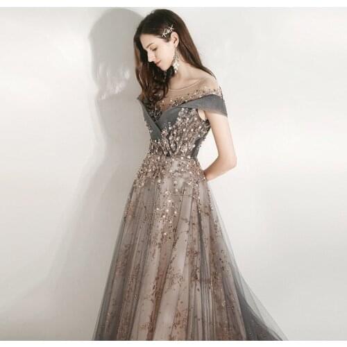Luxury Grey Tulle A-Line Evening Dresses Robe De Soiree Elegant O-Neck Exquisite Beading Appliques Formal Gowns вечернее платье