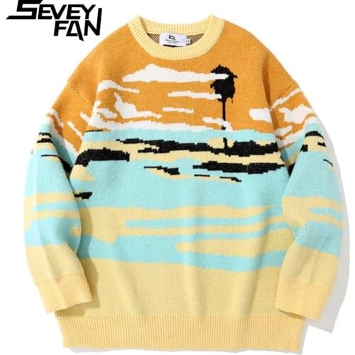 SEVEYFAN Mens Fashion Scenery Jacquard Sweater Hip Hop Loose Cotton Pullover Knitwear for Couples