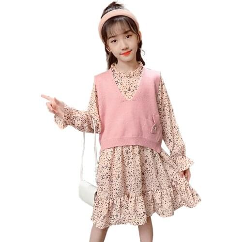 Kids Clothes Vest + Floral Dress Girls Outfits Casual Style Tracksuit Girl Spring Autumn Childrens Clothing 6 8 10 12 14
