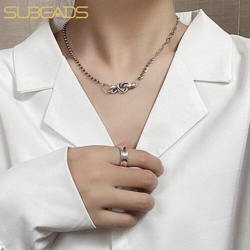 Subeads 925 Sterling Silver Hollow Concentric Knot Choker Necklace For Lover Friend Chinese Style Asymmetry Beads Chain Necklace
