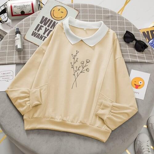 Loose Sweatshirt with Collar Vintage Hoodies Women Cotton Pullovers Long Sleeve Sweatshirts with Pocket Female Korean Clothes