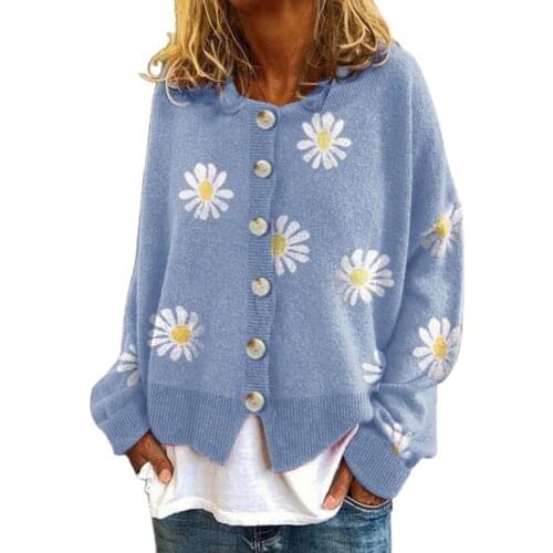 Loose Knit Cardigan Women Long Sleeve Marguerite Print Sweater Autumn Winter Casual Cardigan Knitted Jacket Coat