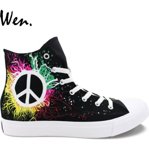 Wen Black Shoes Hand Painted Design Peace Symbol High Top Athletic Skateboarding Shoes Men Women Breathable Canvas Sneakers