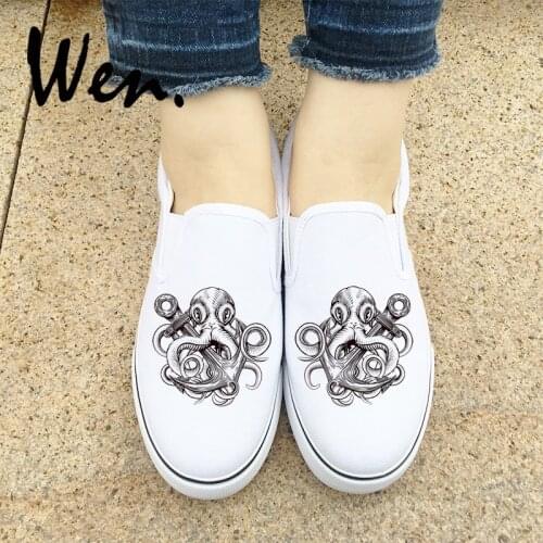 Wen Original Design Octopus Wrapped Anchor Canvas Sneakers White Black 2 Colors Slip On Flats Skateboarding Trainers Shoes