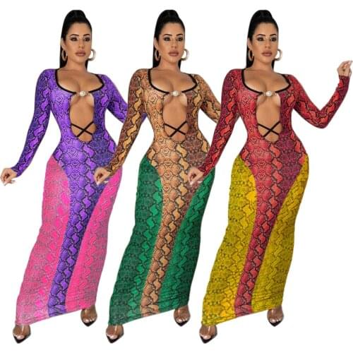 Vintage Serpentine Print Long Dress Sexy Deep V Neck Long Sleeve Hollow Out Bodycon Evening Club Party Dresses Robe Fall Clothes