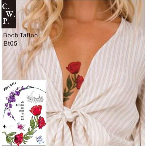 BT05 1 PIECE Side Boob Sternum Temporary Tattoo with Hyacinth, Quote, Flower Pattern Body Art