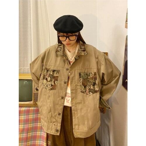 Harajuku Colorblock Jeans Jacket Women Cartoon Bear Print Lapel Black Jacket 2021 Autumn New Loose Button Up Coats Female