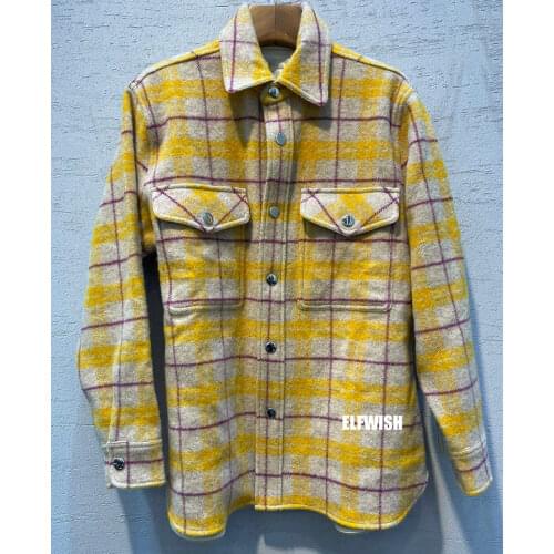 Woman Checked Wool Overshirt Collar Chest Pockets Long Sleeves Plaid Jackets Casual Tops 2022FW