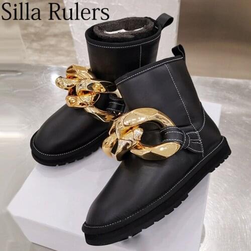 Runway Gold Chain Fur Snow Boots Woman Thick Sole Genuine Leather Slip On Ankle Boots Women Round Toe Slip On Winter Boots Woman