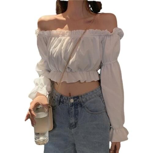 Off Shoulder Women Tops Summer Sexy Blouse Long Puff Sleeve Solid White Shirt Short Ruffle Tunic Crop Top Blusas De Mujer New