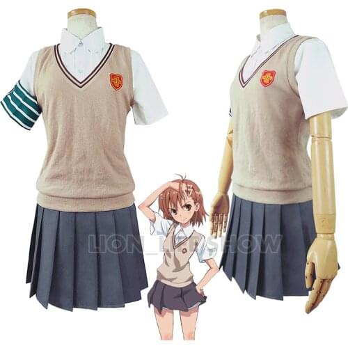 Anime Toaru Kagaku no Railgun Misaka Mikoto JK School Uniform Woman Cosplay Costume Shirt + Skirt + Vest Misaka Mikoto Wig